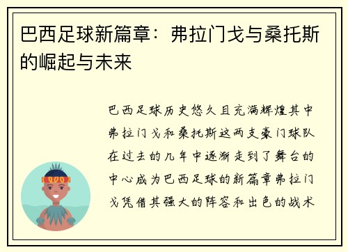 巴西足球新篇章：弗拉门戈与桑托斯的崛起与未来